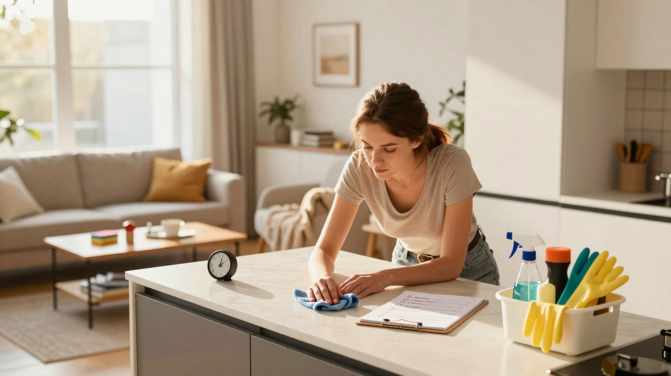 Young woman cleaning a kitchen countertop with a cloth in a bright, modern living space.