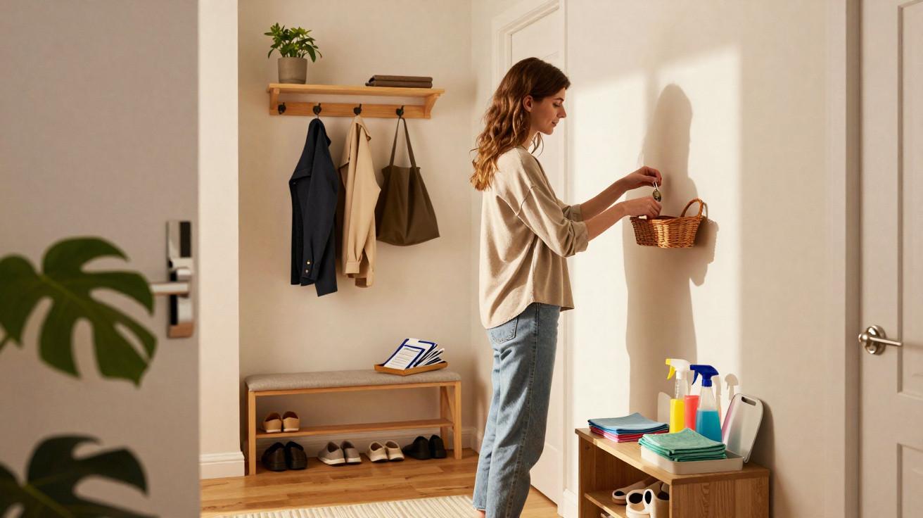 Woman placing keys in a wall-mounted wicker basket in a bright hallway with coats and shoes nearby.