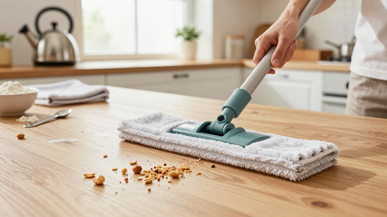 Person using a mop to clean crumbs off a wooden kitchen countertop in a bright modern kitchen.