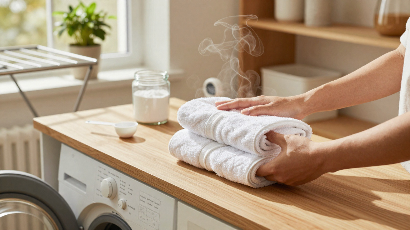 Hands placing folded steaming white towels on a wooden countertop above a washing machine in a laundry room.