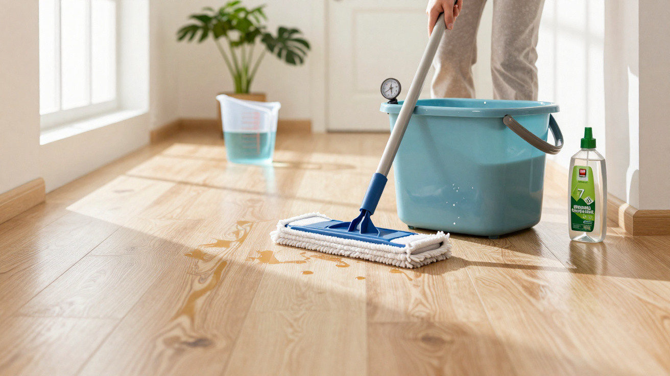 Person mopping a wooden floor with a blue mop, bucket, and cleaning supplies in a bright room.