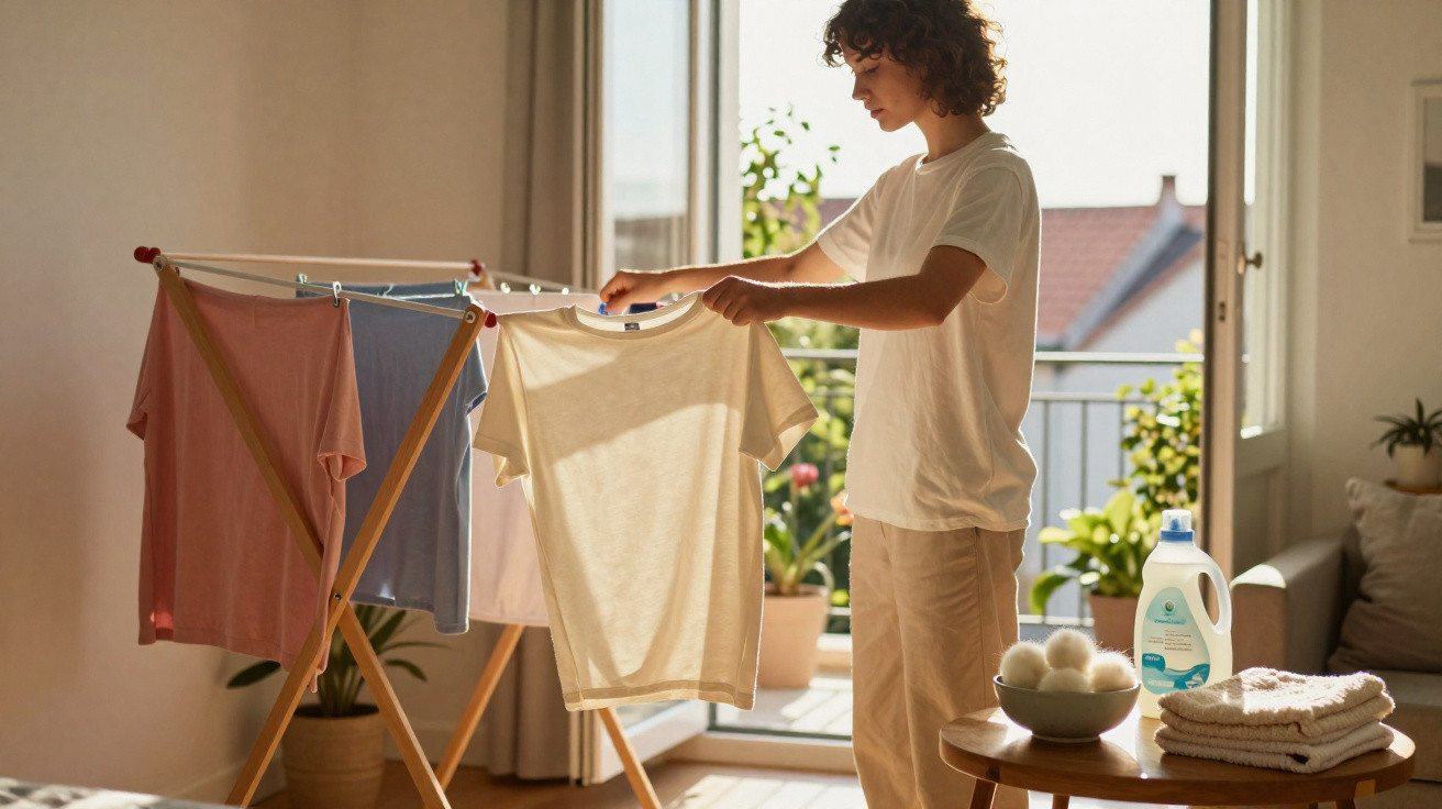 Person hanging a white T-shirt on an indoor wooden drying rack near an open balcony door with sunlight.