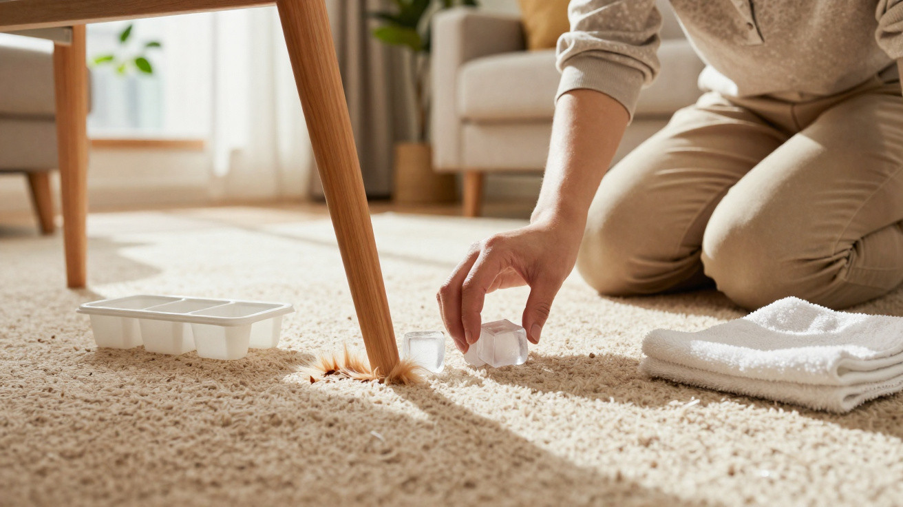 Person kneeling on carpet using ice cubes to remove a brown stain near wooden table leg.