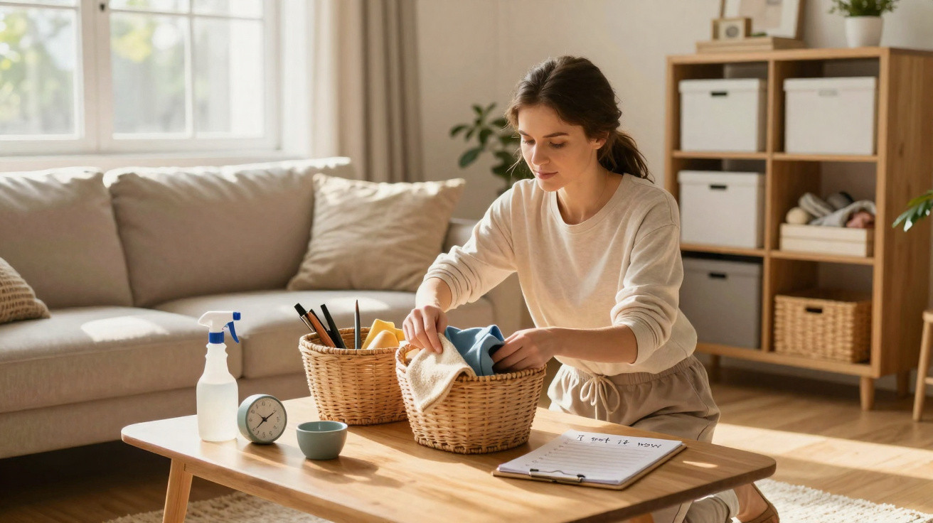 Woman folding laundry in a wicker basket on a wooden coffee table in a bright living room.