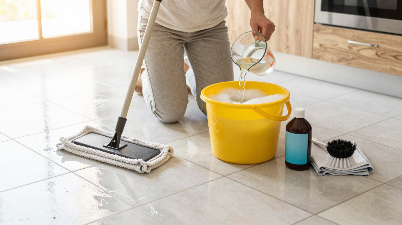 Person kneeling on a tiled floor pouring water into a yellow bucket beside a mop and cleaning supplies in a kitchen.
