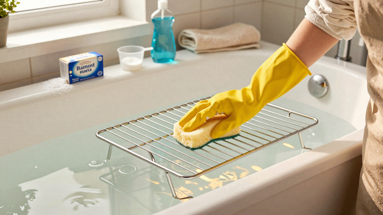 Person wearing yellow gloves cleaning a metal oven rack over a bathtub filled with water.