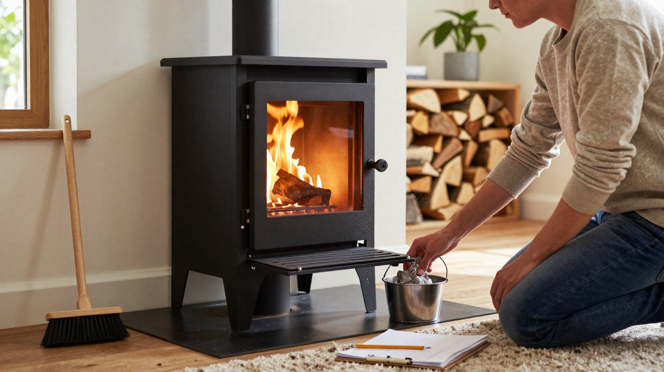Person adding fuel to a burning wood stove in a cosy living room with firewood and cleaning tools nearby