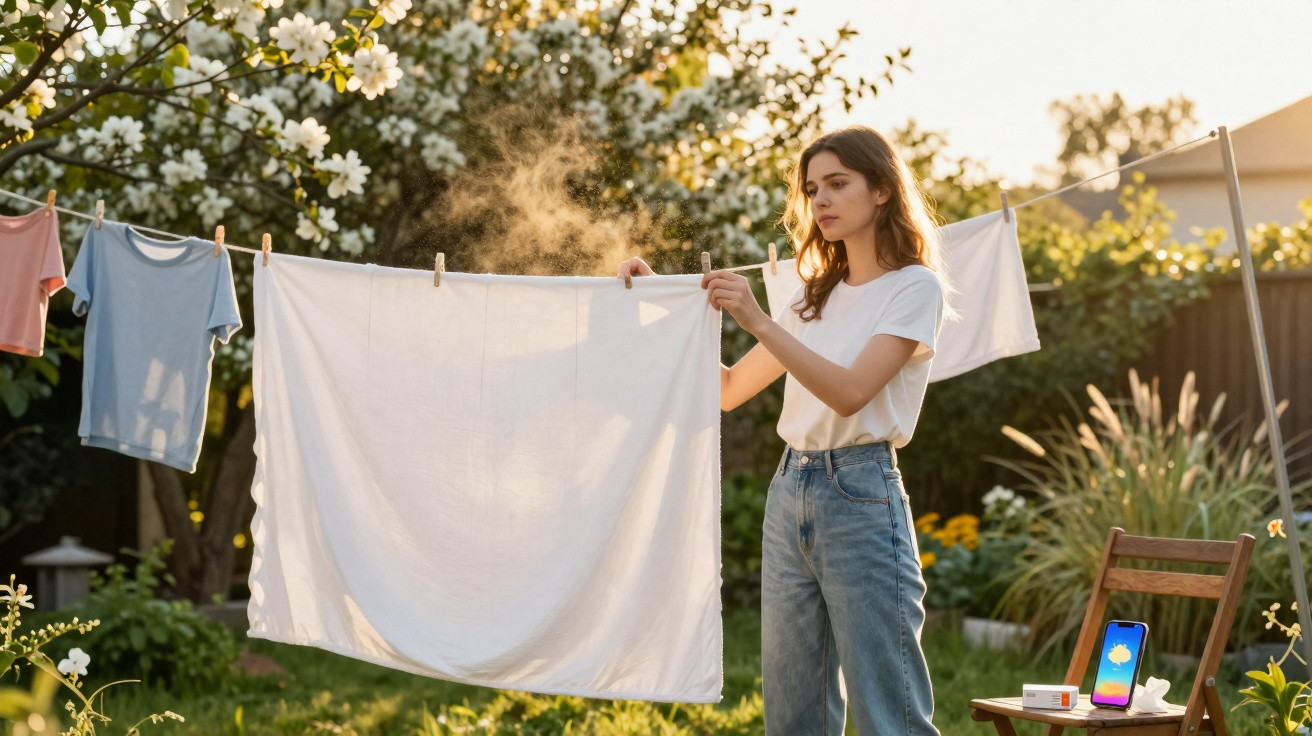 Woman hanging white laundry on a line in a sunlit garden with blooming trees in the background.