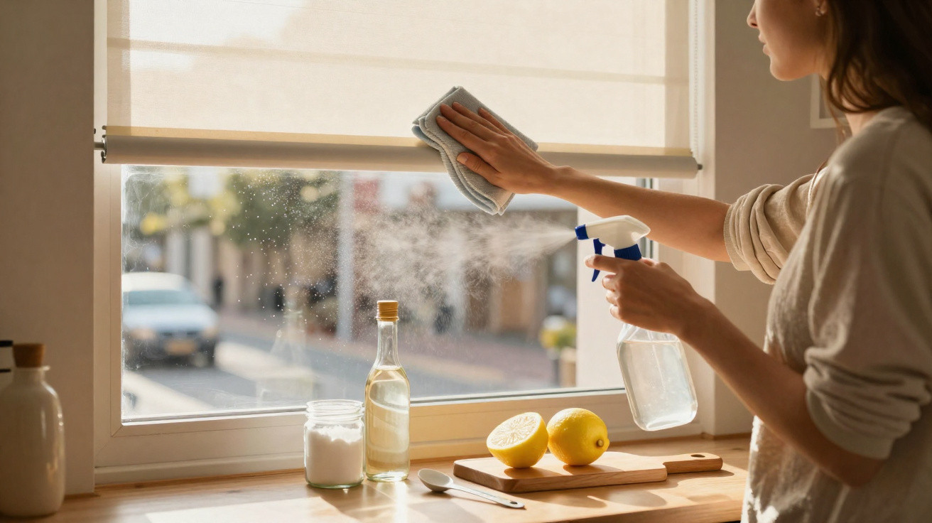 Woman cleaning a window with spray bottle and cloth, with lemons and cleaning items on the windowsill