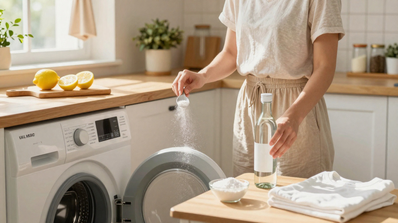 Person pouring white powder into a front-loading washing machine in a bright kitchen.