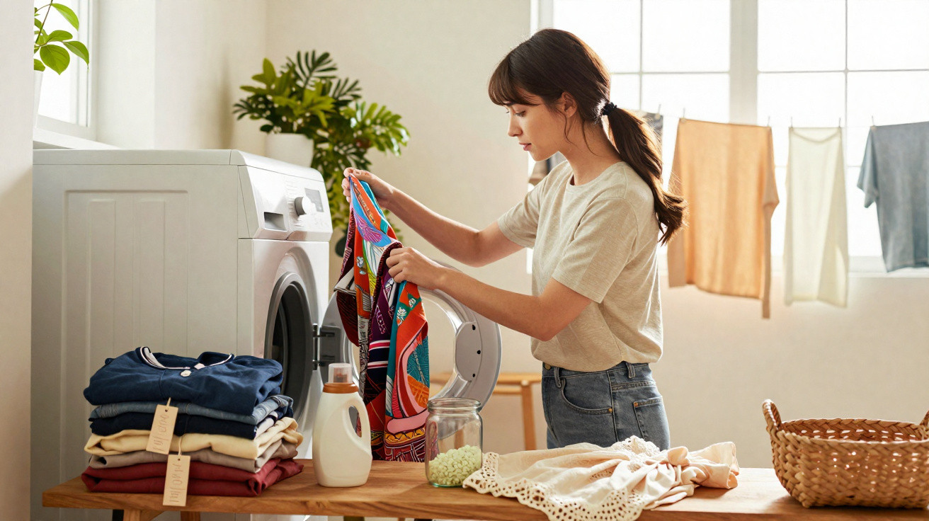 Woman loading colourful clothes into a washing machine in a bright laundry room with folded laundry and detergent on table.