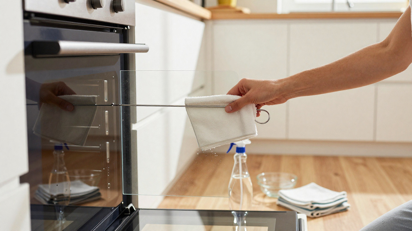 Person cleaning the inside of a glass oven door with a cloth in a bright kitchen.