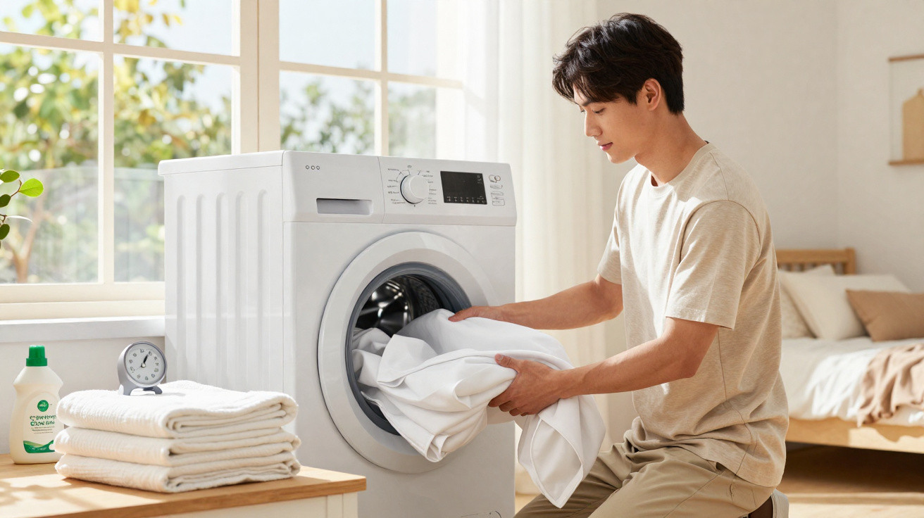 Young man loading white laundry into a front-loading washing machine in a bright bedroom.