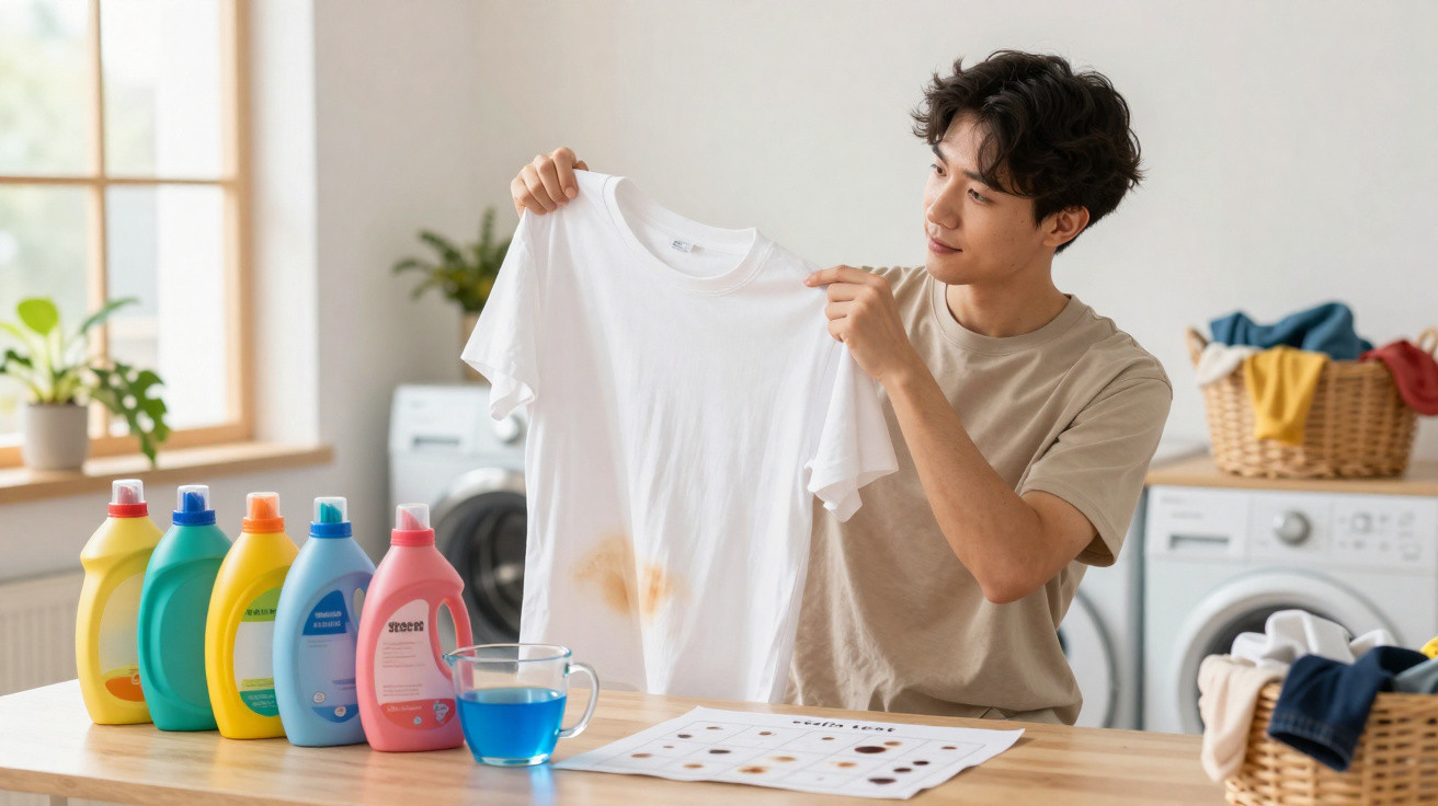 Man examining stained white t-shirt in laundry room with detergent bottles and washing machines.
