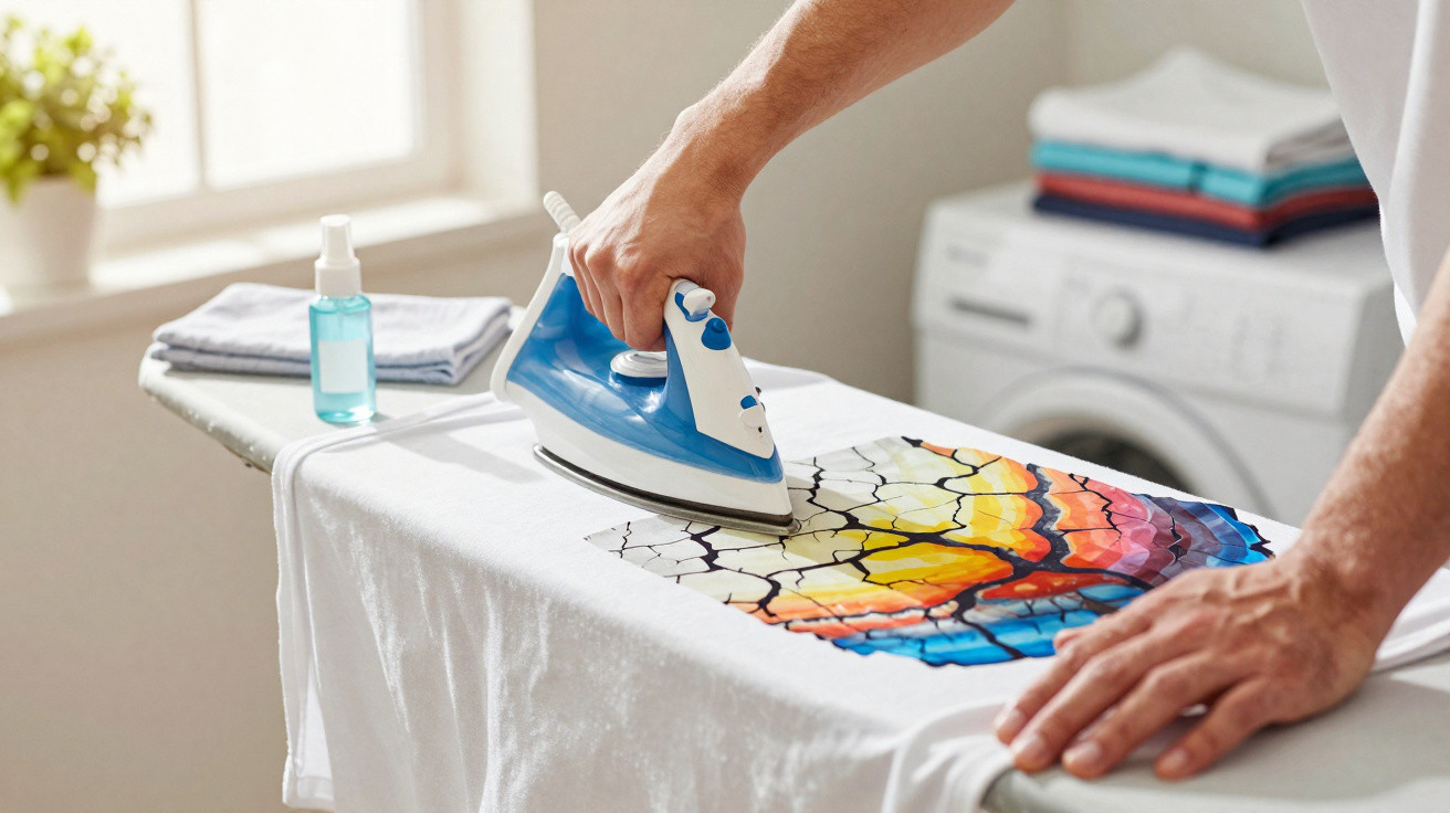 Person ironing a white shirt with a colourful butterfly wing design on an ironing board in a laundry room.