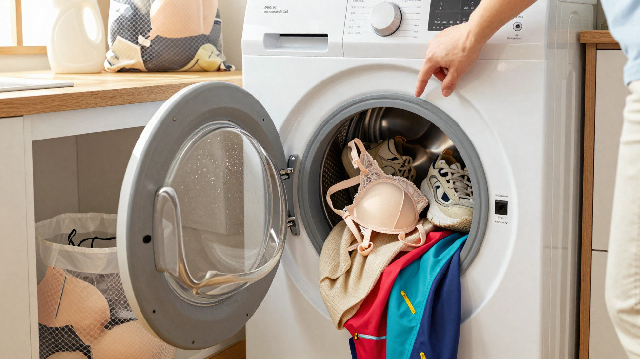 Front-loading washing machine door open with mixed clothes including bra, shoes, and jacket inside.
