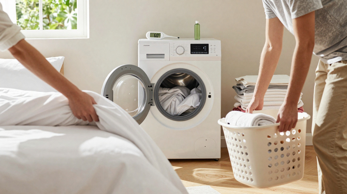 Two people doing laundry in a bright room with a washing machine and folded clothes nearby.