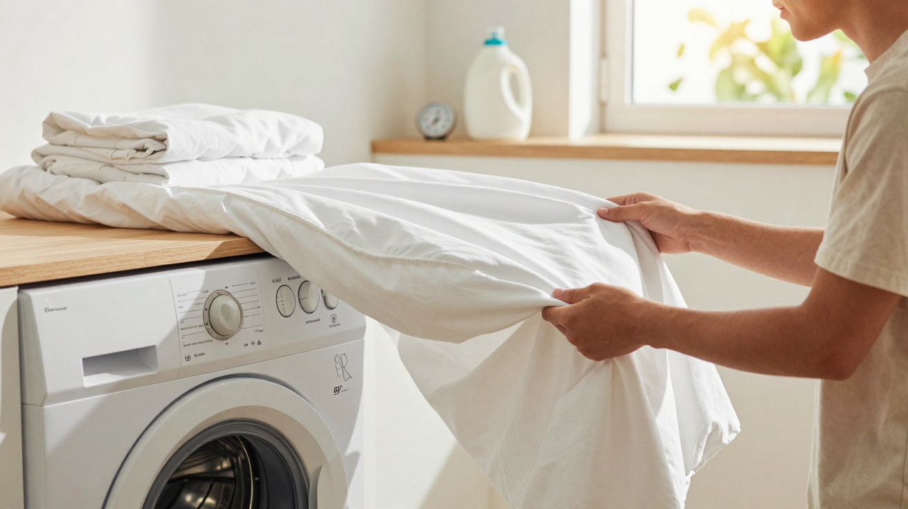Person folding white laundry next to a washing machine in a bright, minimal laundry room.