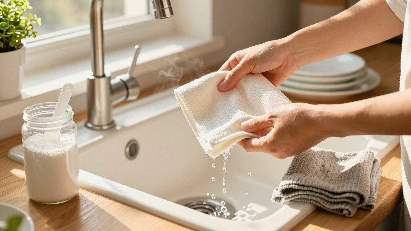 Hands wringing out a wet white cloth over a kitchen sink with steam rising and folded cloths nearby.