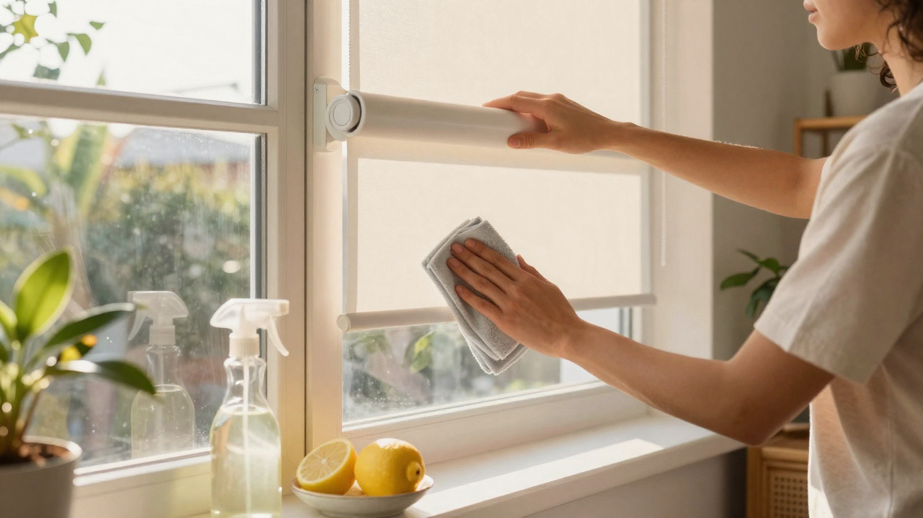 Person cleaning a window with a cloth while adjusting a white roller blind in a bright kitchen.