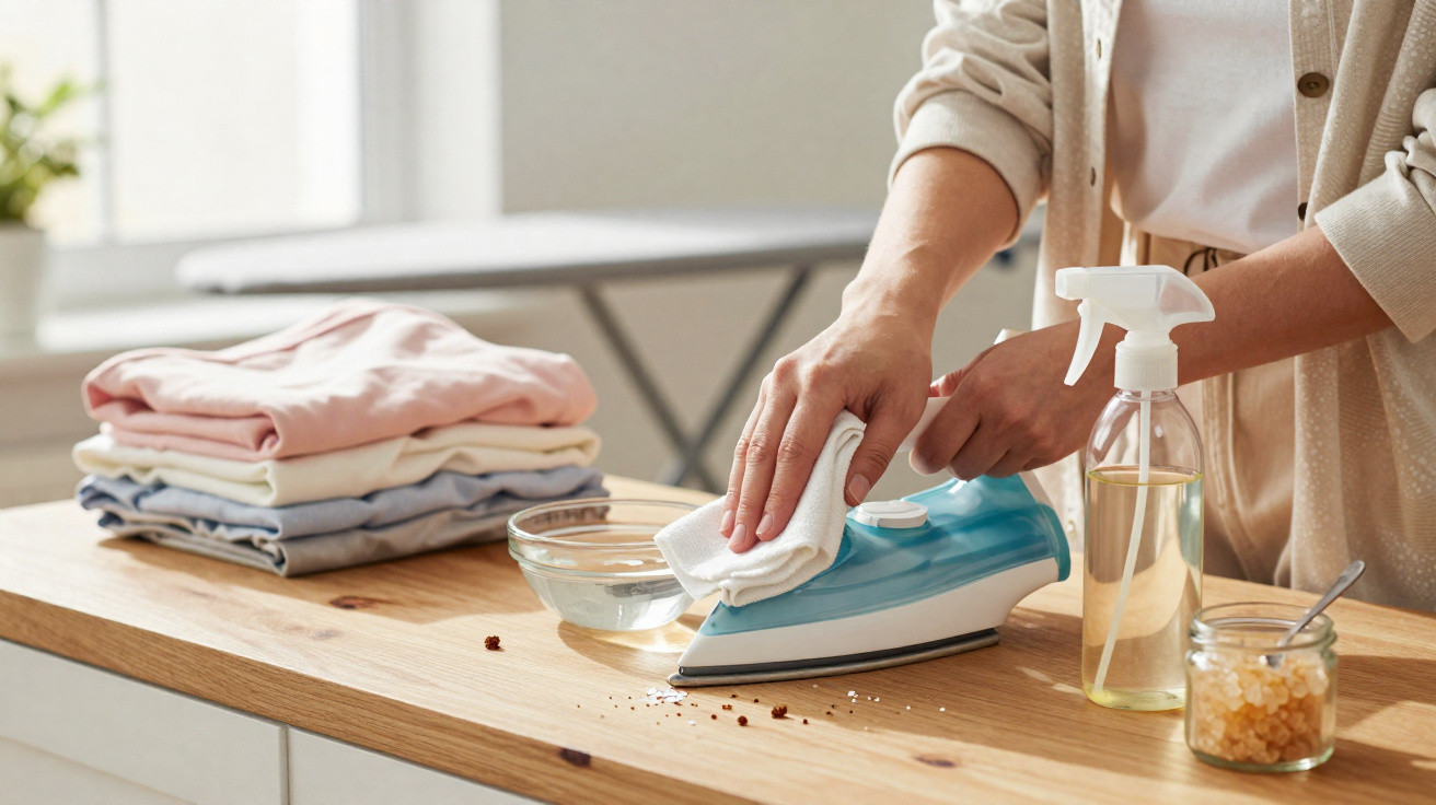 Person cleaning an iron on a wooden countertop with folded clothes and cleaning supplies nearby.