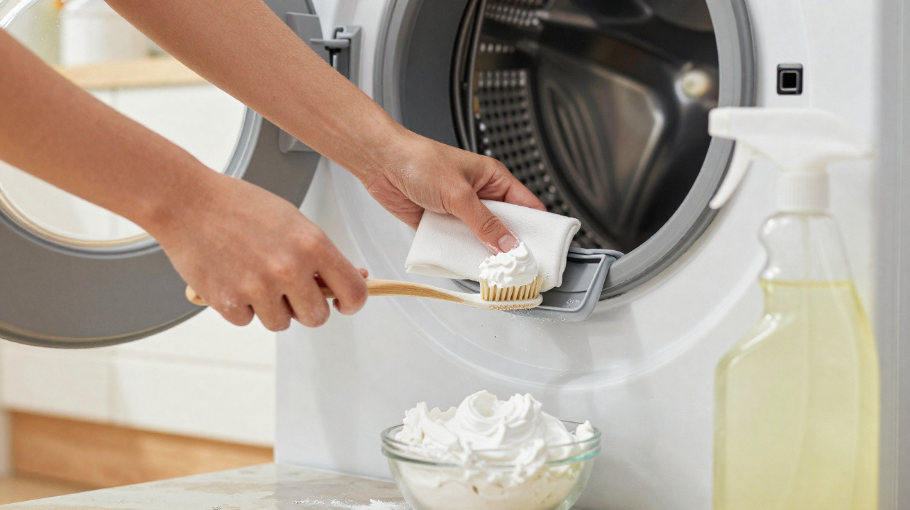 Person cleaning washing machine detergent drawer with a toothbrush and white cleaning foam.