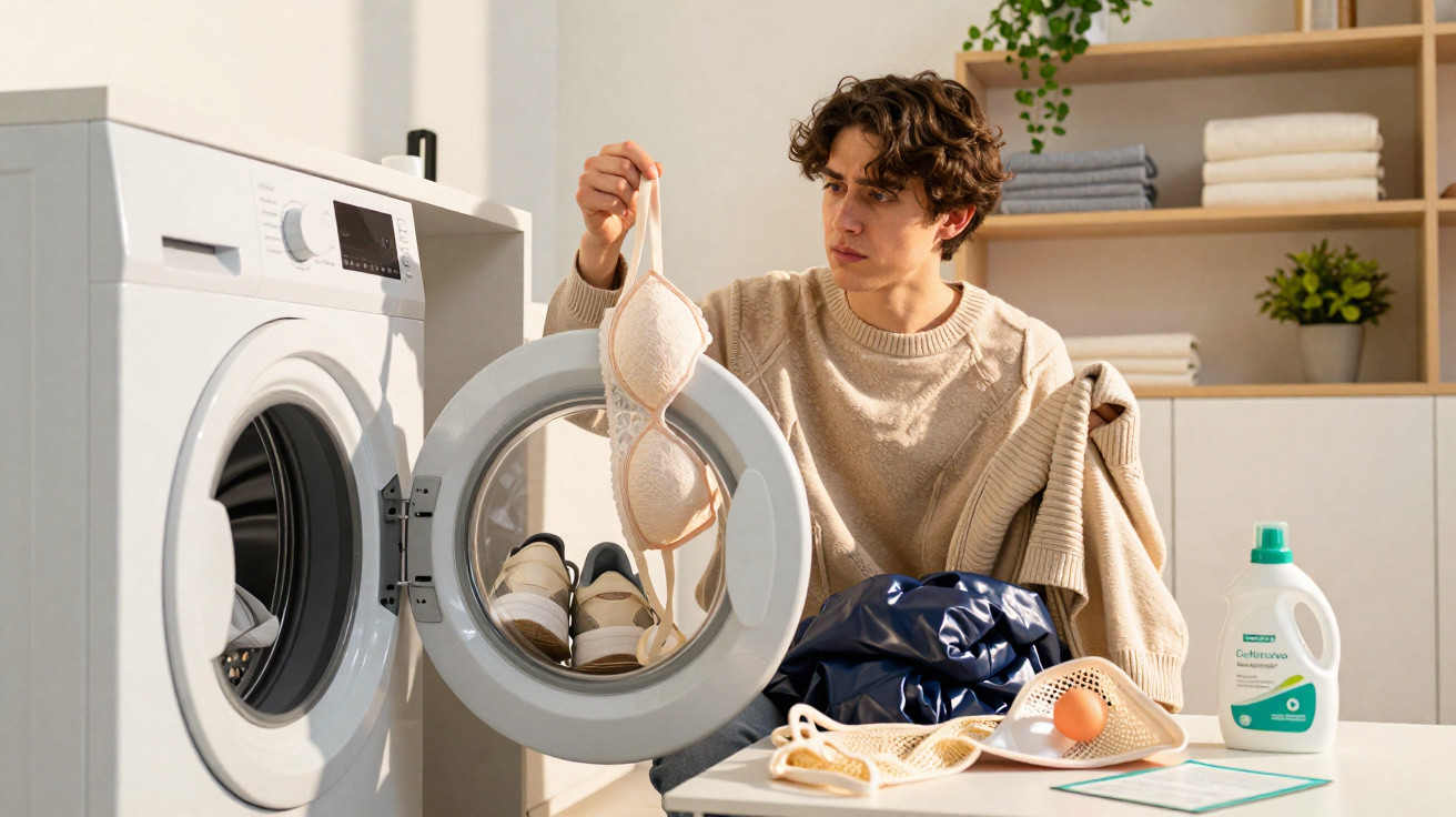 Young man holding a bra in front of a washing machine in a bright laundry room.