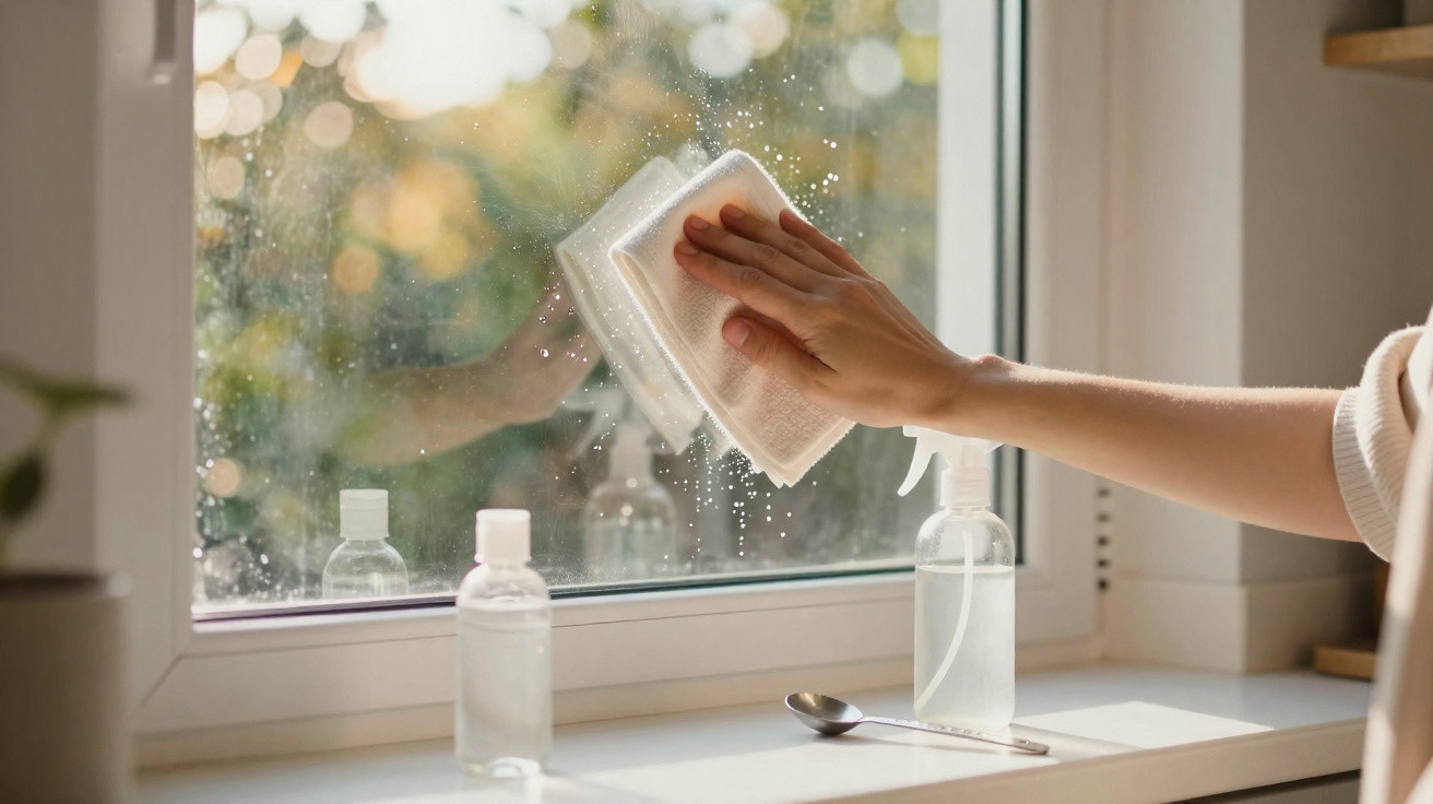 Hand wiping a glass window with a cloth, with spray bottle and cleaning supplies on the windowsill.