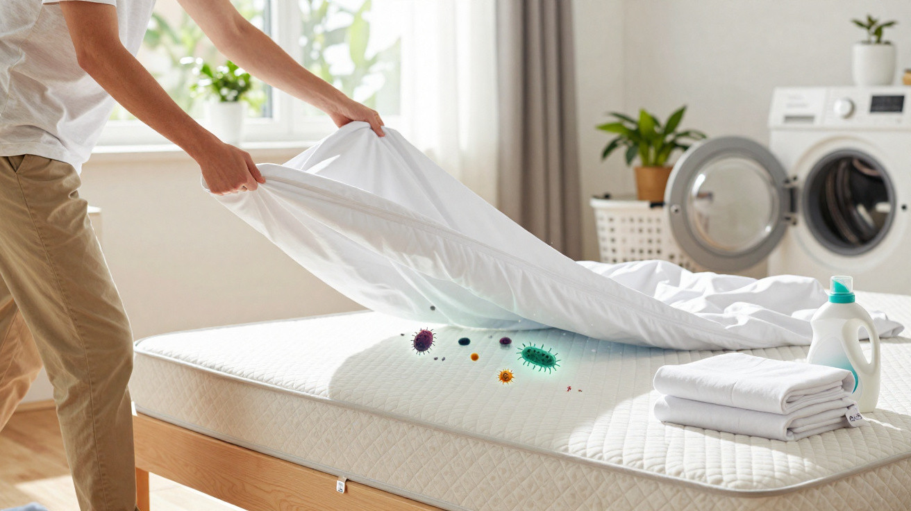 Person lifting a bedsheet to reveal illustrated germs on a mattress in a bright laundry room.