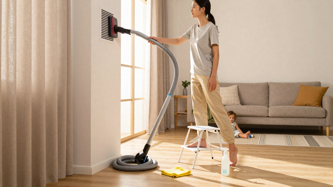 Woman using a vacuum hose to clean a vent while a toddler plays near a sofa in a sunny living room.