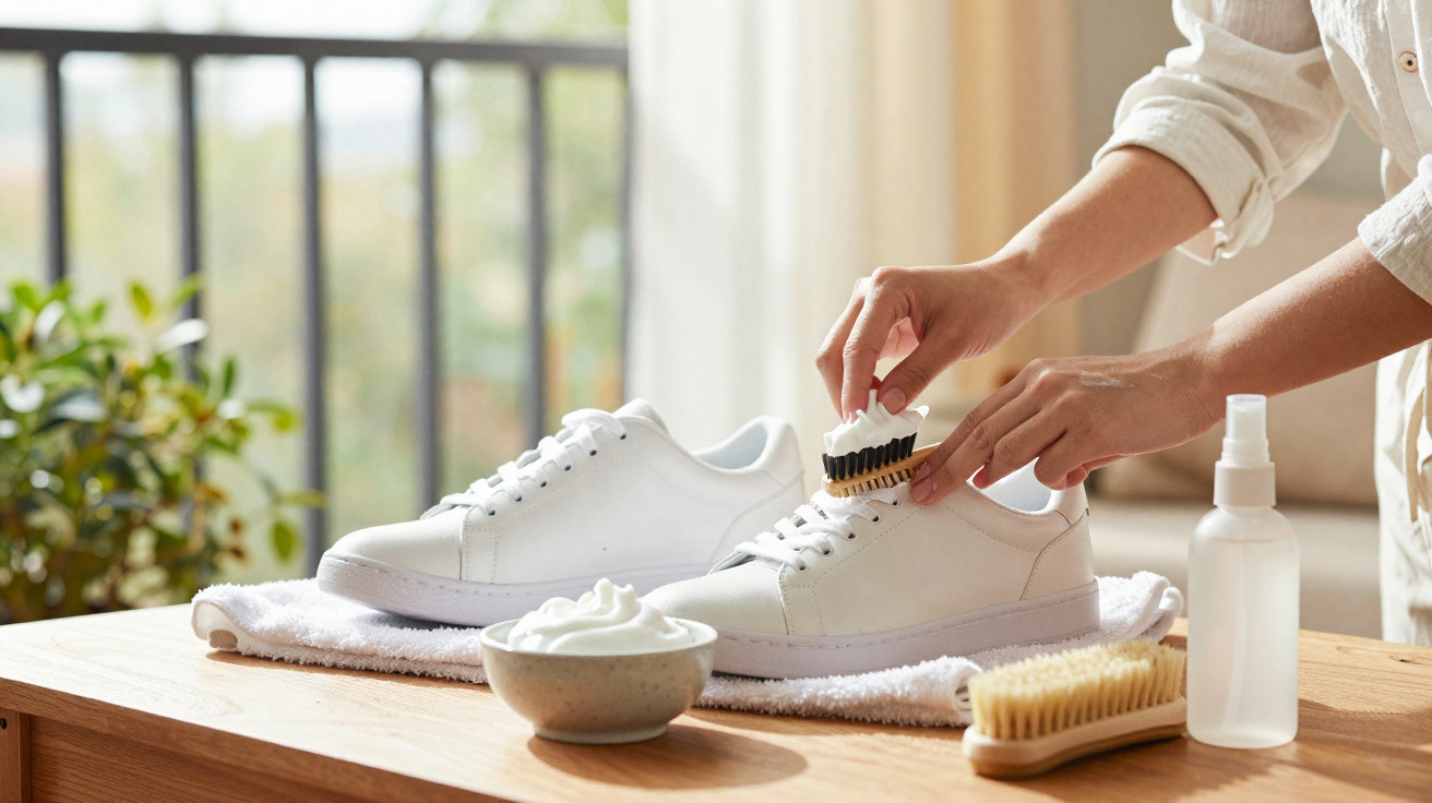Person cleaning white sneakers with brush and foam on a wooden table near window and plants.