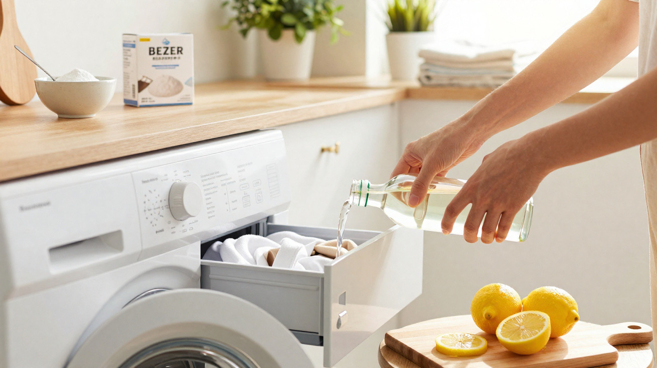 Person pouring liquid from a glass bottle into a washing machine detergent drawer with lemons nearby.