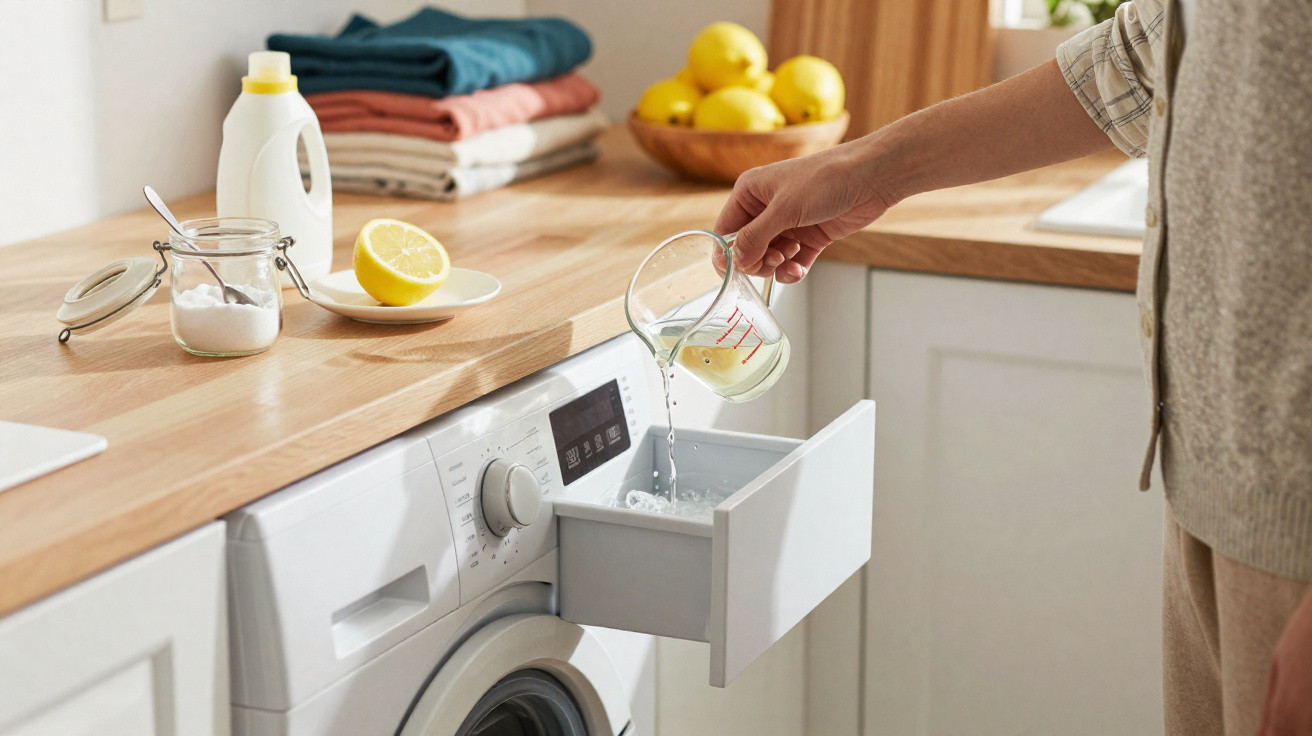 Person pouring liquid from a measuring jug into a washing machine detergent drawer in a bright kitchen.