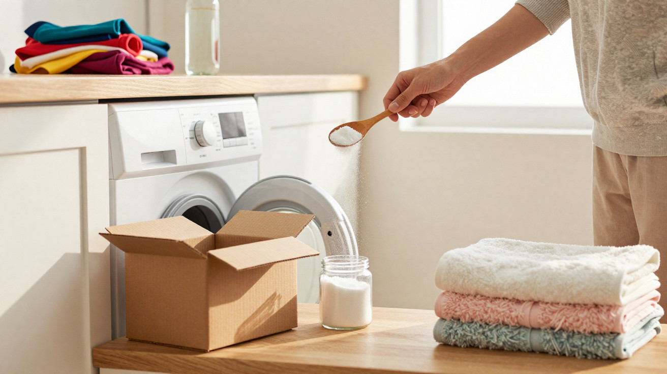 Person scooping laundry detergent from jar next to washing machine and folded towels on wooden surface.