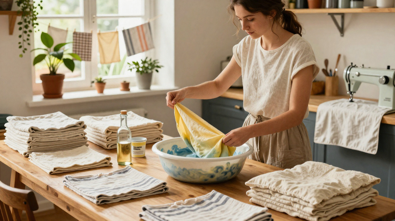Woman dyeing fabric in a bowl on a wooden table surrounded by folded linens in a sunlit room