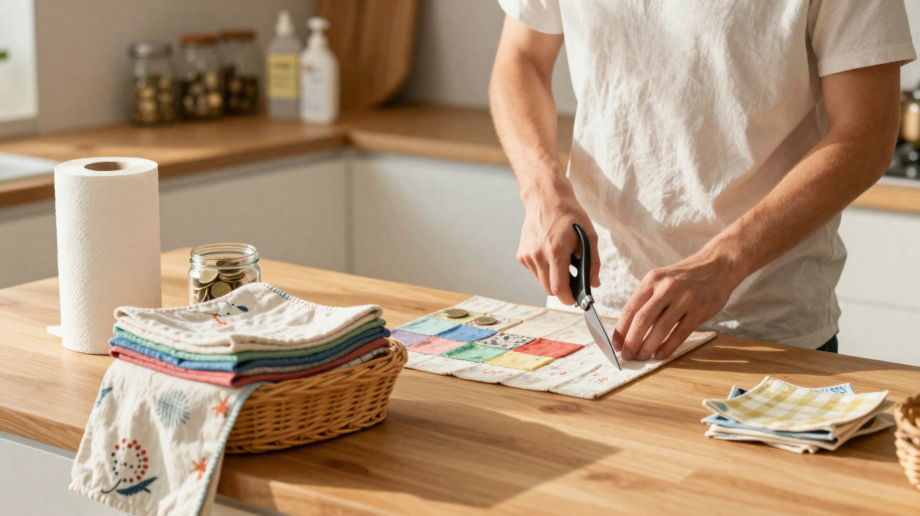 Person cutting fabric with scissors on a wooden kitchen countertop surrounded by folded cloths and a jar of coins.