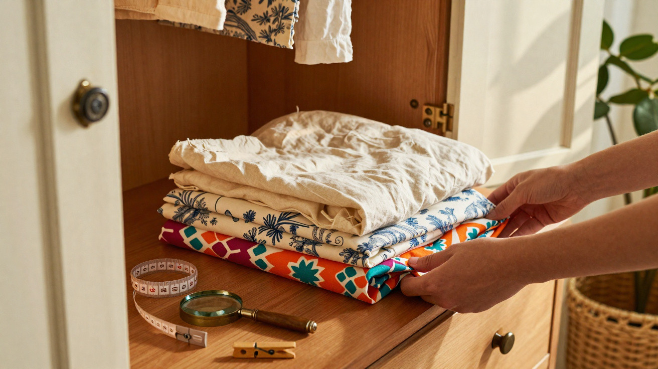 Hands organising folded patterned and plain linen on a wooden wardrobe shelf with sewing tools nearby.