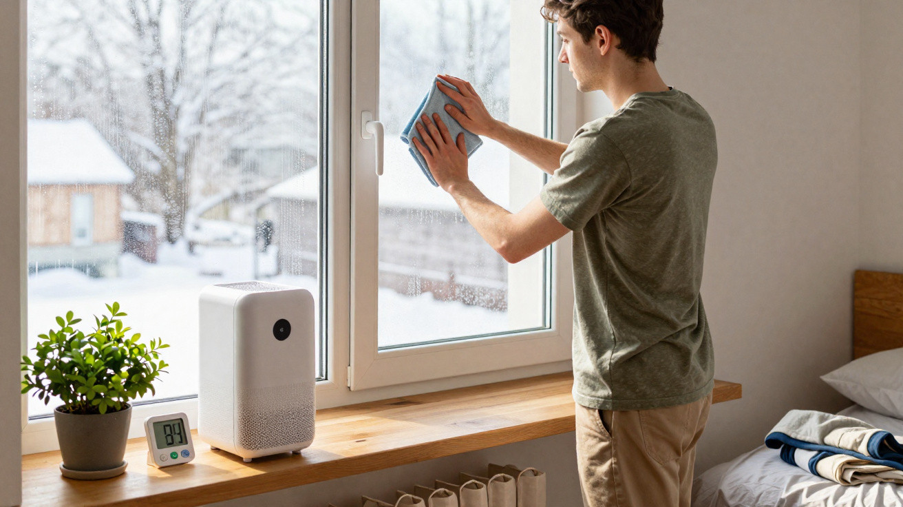 Young man cleaning a window inside a bedroom with snowy landscape outside.