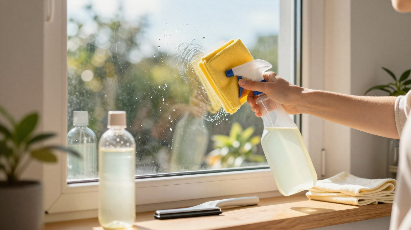 Hand cleaning a window with a spray bottle and yellow cloth on a sunny day.