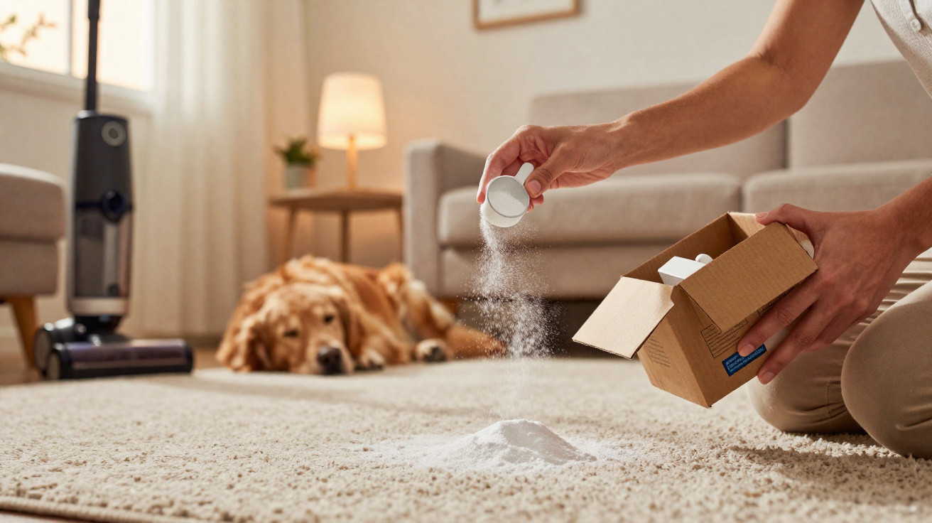 Person sprinkling white powder on a carpet with a dog lying in the background in a living room.