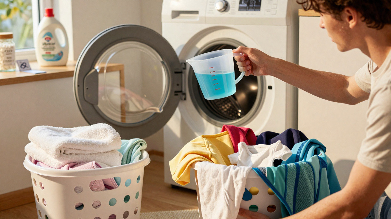 Person pouring liquid detergent into a washing machine with laundry baskets nearby in a bright room.