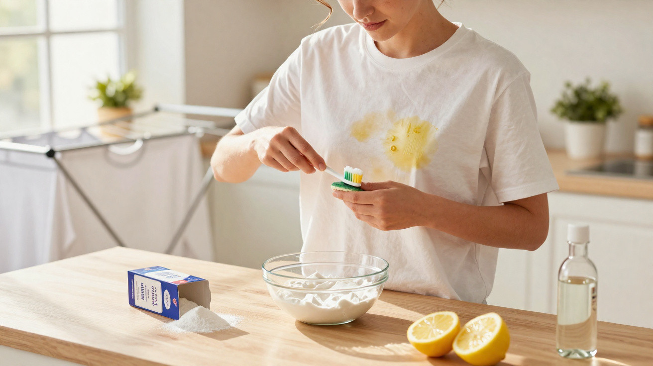 Person cleaning yellow stain from white T-shirt using baking soda, lemon, and a bowl of white paste on a wooden table.