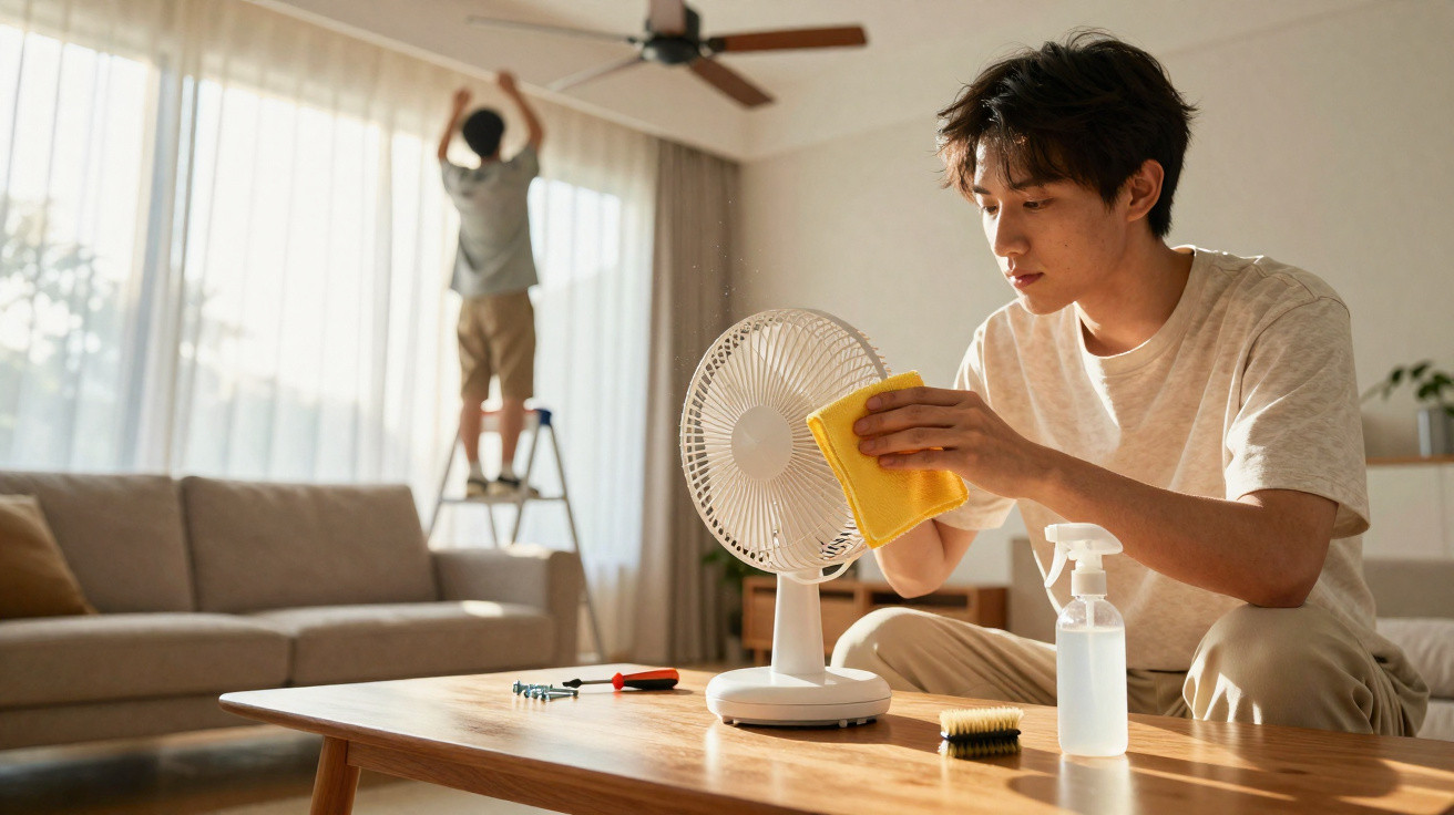 Man cleaning a small fan with a yellow cloth while a child adjusts curtains on a stepladder in a living room.