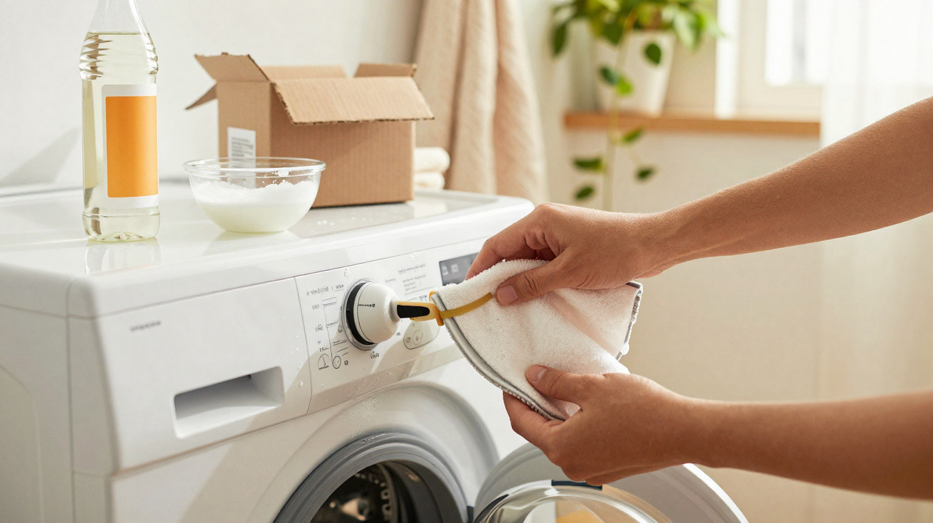Hands adjusting settings on a front-loading washing machine with a white cloth in a bright laundry room.