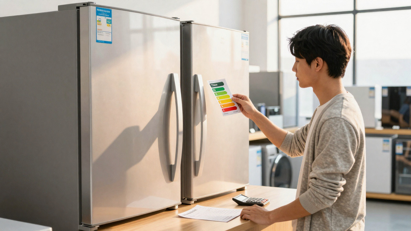 Man checking energy efficiency label on fridge in bright appliance store showroom