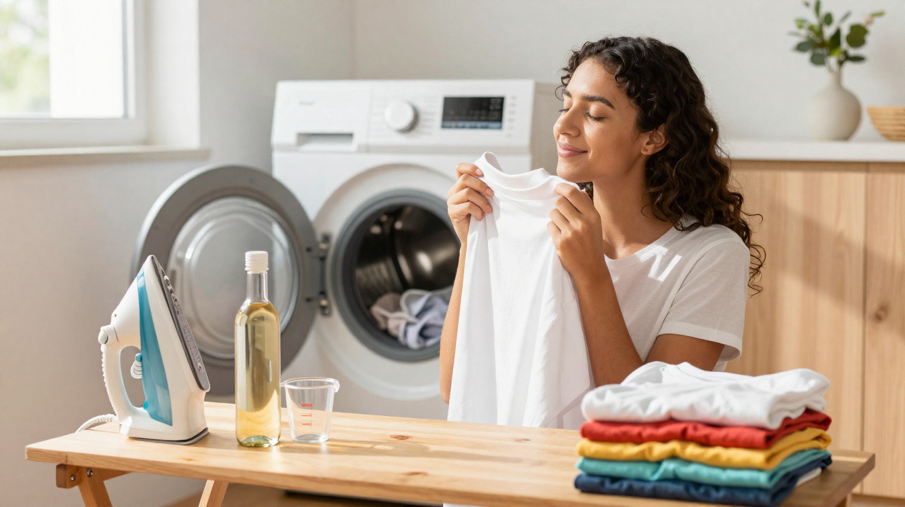 Woman smelling freshly laundered white shirt with washing machine, iron, and folded clothes nearby in bright room.