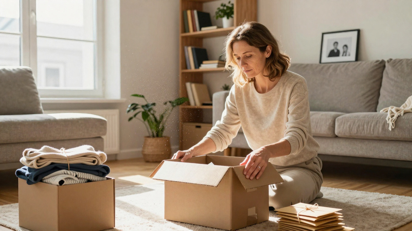 Woman sitting on floor unpacking a cardboard box in a sunlit living room with folded clothes nearby