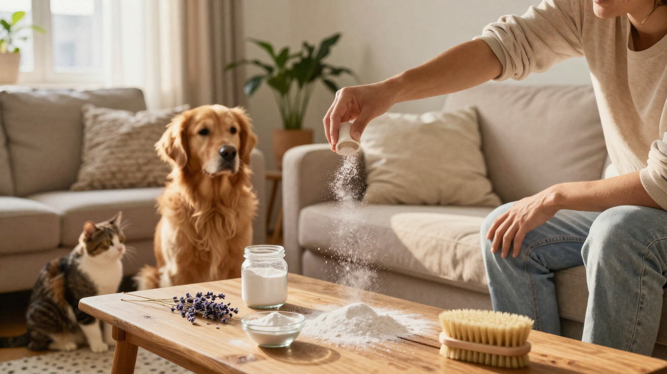Person sprinkling a powder on a wooden table with a dog and cat watching in a cosy living room.