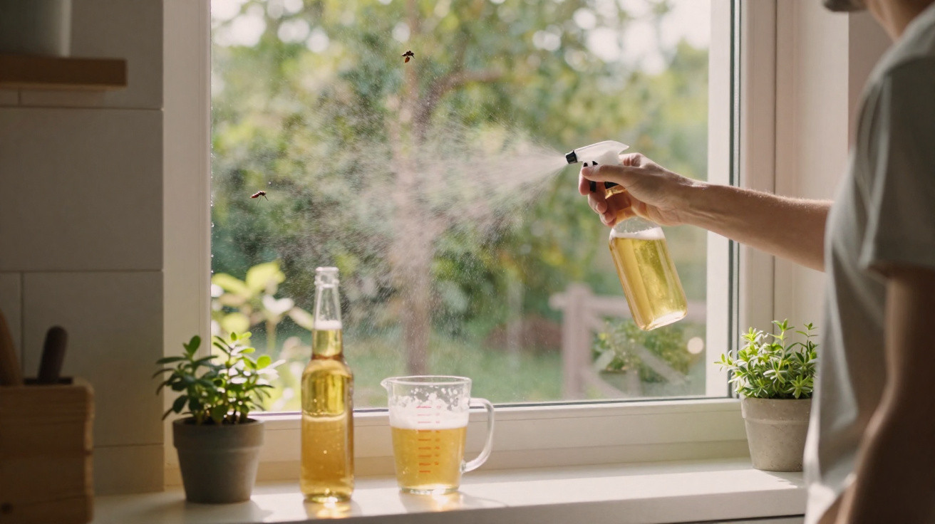 Hand spraying insect repellent on flying insects near beer bottles on a kitchen windowsill with plants.
