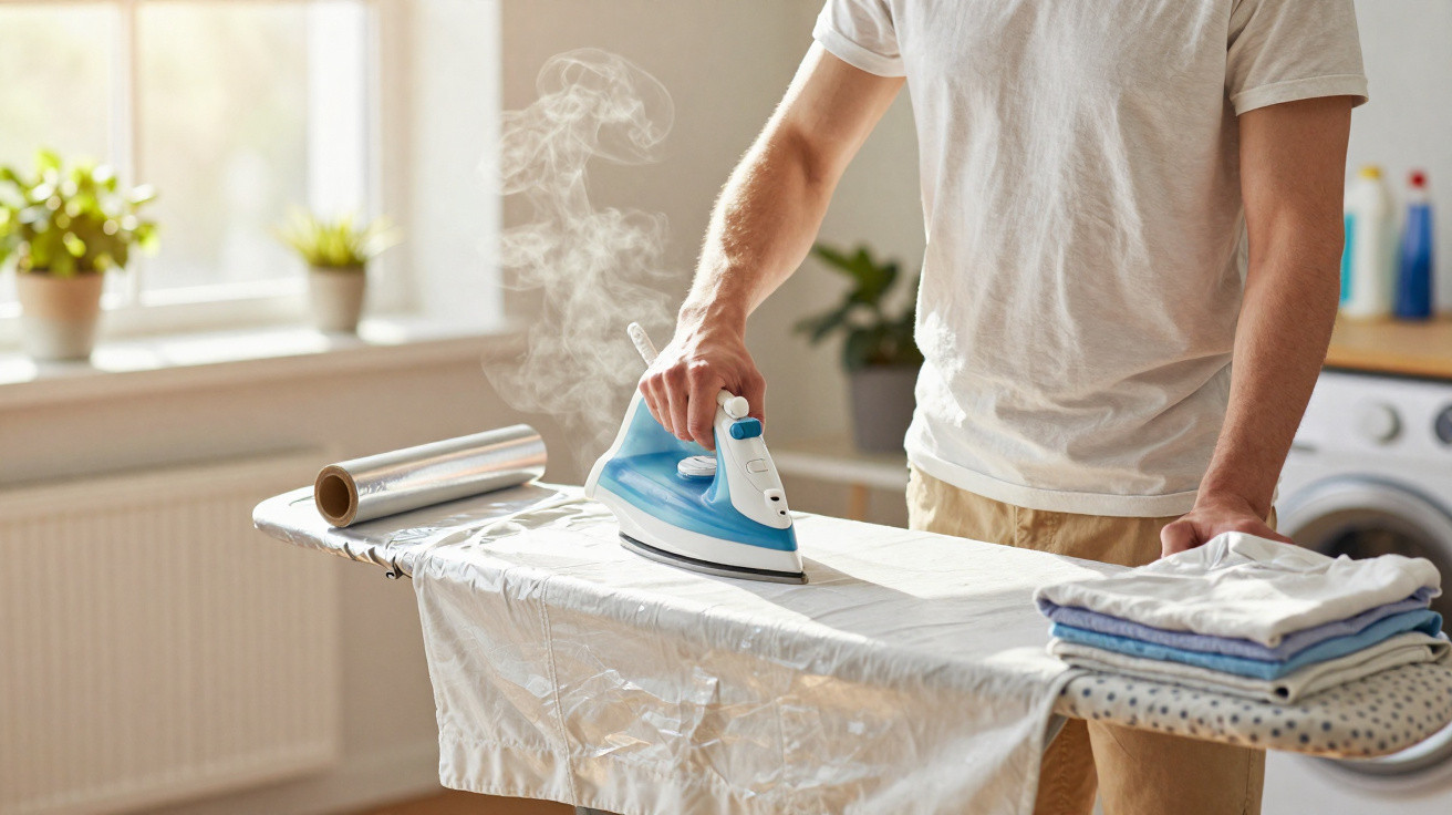 Person ironing a white shirt on an ironing board with steam rising in a bright room with plants nearby.